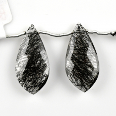 Black Rutilated Quartz Drops Leaf Shape 31x14mm Drilled Beads Matching Pair