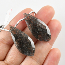 Black Rutilated Quartz Drops Leaf Shape 35x16mm Drilled Beads Matching Pair