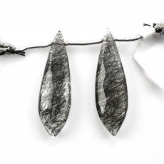 Black Rutilated Quartz Drops Leaf Shape 36x11mm Drilled Beads Matching Pair