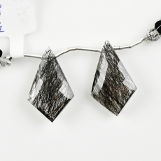 Black Rutilated Quartz Drops Shield Shape 27x16mm Drilled Beads Matching Pair