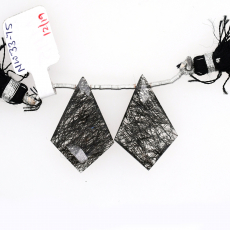 Black Rutilated Quartz Drops Shield Shape 29x18mm Drilled Beads Matching Pair