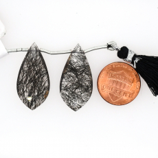 Black Rutile Drops Leaf Shape 30x15mm Drilled Bead Matching Pair