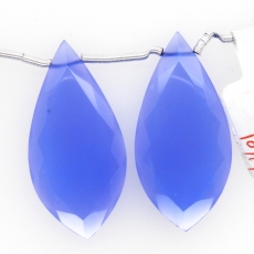 Blue Chalcedony Drops Leaf Shape 35x16mm Drilled Beads Matching Pair