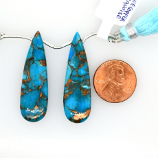 Blue Copper Turquoise Drops Almond Shape 40x12mm Drilled Bead Matching Pair