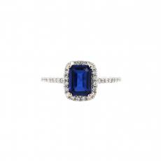 Blue Sapphire Emerald Cut 1.14 Carat Ring with Accent Diamonds in 14K White Gold