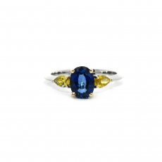 Blue Sapphire Oval 1.60 Carat Ring In Dual Tone(White/Yellow) Gold Accented With Yellow Fancy Vivid Diamonds