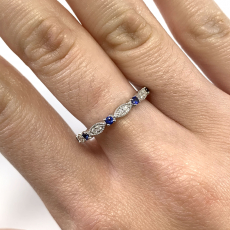Blue Sapphire Round 0.16 Carat Ring Band in 14K White Gold with Accent Diamonds (RG0621)