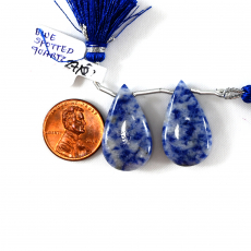 Blue Spotted Quartz Drops Almond Shape 27x15mm Drilled Beads Matching Pair