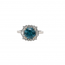 Blue Zircon Cushion Shape 4.76 Carat Ring With Diamond Accent in 14K White Gold