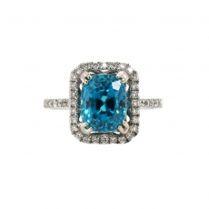 Blue Zircon Emerald Cushion 5.22 Carat With Diamond Accent in 14K White Gold