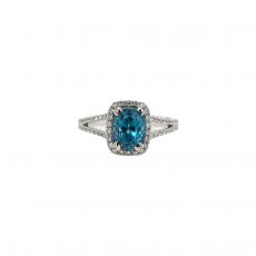 Blue Zircon Emerald Cushion Shape 2.72 Carat Ring With Diamond Accent in 14K White Gold