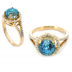 Blue Zircon Round 5.15 Carat Ring In 14k Yellow Gold Accented With Diamonds