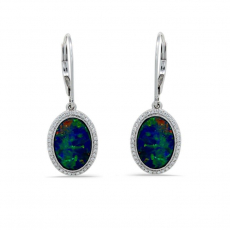 Boulder Opal Oval 3.60 Carat Dangle Earrings in 14K White Gold with Diamond Accents