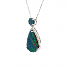 Boulder Opal Pear Shape Pendant 3.55 Carat With Accented Diamond In 14K white Gold