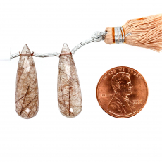Bronze Rutilated Quartz Drops Almond Shape 27x9mm Drilled Beads Matching Pair