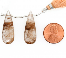 Bronze Rutilated Quartz Drops Almond Shape 31x11mm Drilled Beads Matching Pair