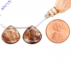 Bronze Rutilated Quartz Drops Heart Shape 15x15mm Drilled Beads Matching Pair