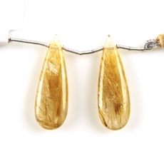 Brown Rutilated Quartz Drops Almond Shape 34x11mm Drilled Beads Matching Pair
