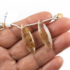 Brown Rutilated Quartz Drops Marquise Shape 31x10mm Drilled Beads Matching Pair