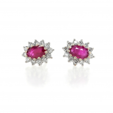 Burmese Ruby 0.49 Carat With Floral Diamond Halo Stud Earring in 14K White Gold