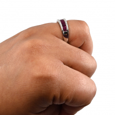 Burmese Ruby Baguette Shape 0.25 Carats Platinum Ring With Dimond Accent.