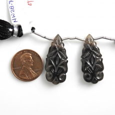 Carved Black Moonstone Drops Almond Shape 30x13mm Drilled Beads Matching Pair