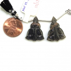 Carved Black Moonstone Drops Conical Shape 24x18mm Drilled Beads Matching Pair