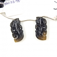 Carved Black Moonstone Drops Fancy 24x12mm Drilled Beads Matching Pair