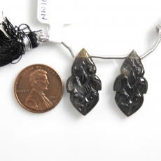 Carved Black Moonstone Drops Leaf Shape 26x13mm Drilled Beads Matching Pair