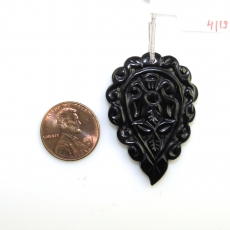 Carved Black Onyx Drop Leaf Shape 42x29mm Drilled Bead Single Pendnat piece