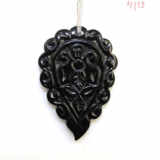 Carved Black Onyx Drop Leaf Shape 42x29mm Drilled Bead Single Pendnat piece