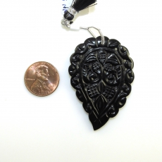 Carved Black Onyx Drop Leaf Shape 51x35mm Drilled Bead Single Pendnat piece