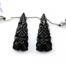 Carved Black Onyx Drops Conical Shape 36x15mm Matching Pair Drilled Beads