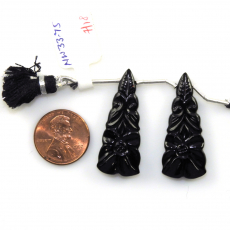 Carved Black Onyx Drops Conical Shape 36x15mm Matching Pair Drilled Beads