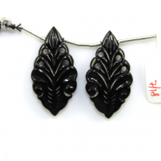 Carved Black Onyx Drops Leaf Shape 33x17mm Matching Pair Drilled Beads