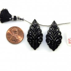 Carved Black Onyx Drops Leaf Shape 33x17mm Matching Pair Drilled Beads