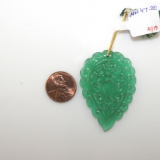 Carved Green Onyx Drop Leaf Shape 50x35mmDrilled Bead Single Pendnat piece