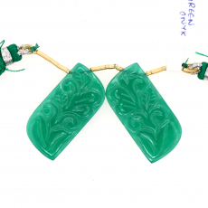 Carved Green Onyx Drops Fancy Shape 32X16mm Drilled Beads Matching Pair