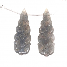 Carved Grey Moonstone Almond Shape 35x13mm Drilled Beads Matching Pair