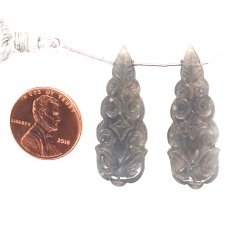 Carved Grey Moonstone Almond Shape 35x13mm Drilled Beads Matching Pair