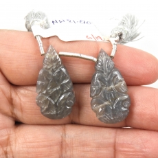 Carved Grey Moonstone Drops Almond Shape 26x14mm Drilled Beads Matching Pair