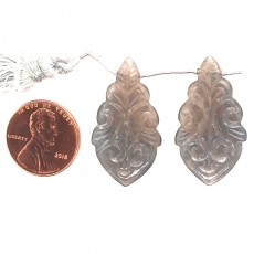 Carved Grey Moonstone Leaf Shape 30x17mm Drilled Beads Matching Pair