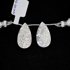 Carved Mother of Pearl Drops Almond Shape 26x14mm Drilled Bead Matching Pair