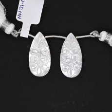 Carved Mother of Pearl Drops Almond Shape 27x13mm Drilled Bead Matching Pair