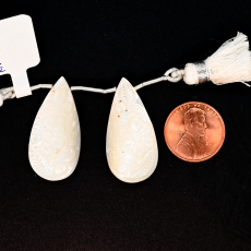 Carved Mother of Pearl Drops Almond Shape 33x16mm Drilled Bead Matching Pair