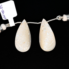 Carved Mother of Pearl Drops Almond Shape 33x16mm Drilled Bead Matching Pair