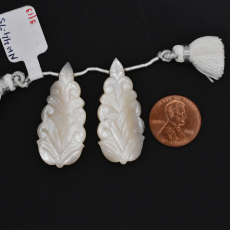 Carved Mother of Pearl Drops Almond Shape 38x18mm Drilled Bead Matching Pair