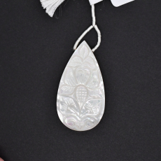 Carved Mother Of Pearl Drops Almond Shape 40x21mm Drilled Beads Single Pendant Piece