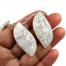 Carved Mother Of Pearl Drops Fancy Shape 40x18mm Drilled Beads Matching Pair
