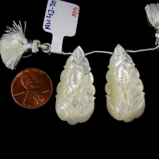Carved Mother Of Pearl Drops Leaf Shape 35x17mm Drilled Beads Matching Pair